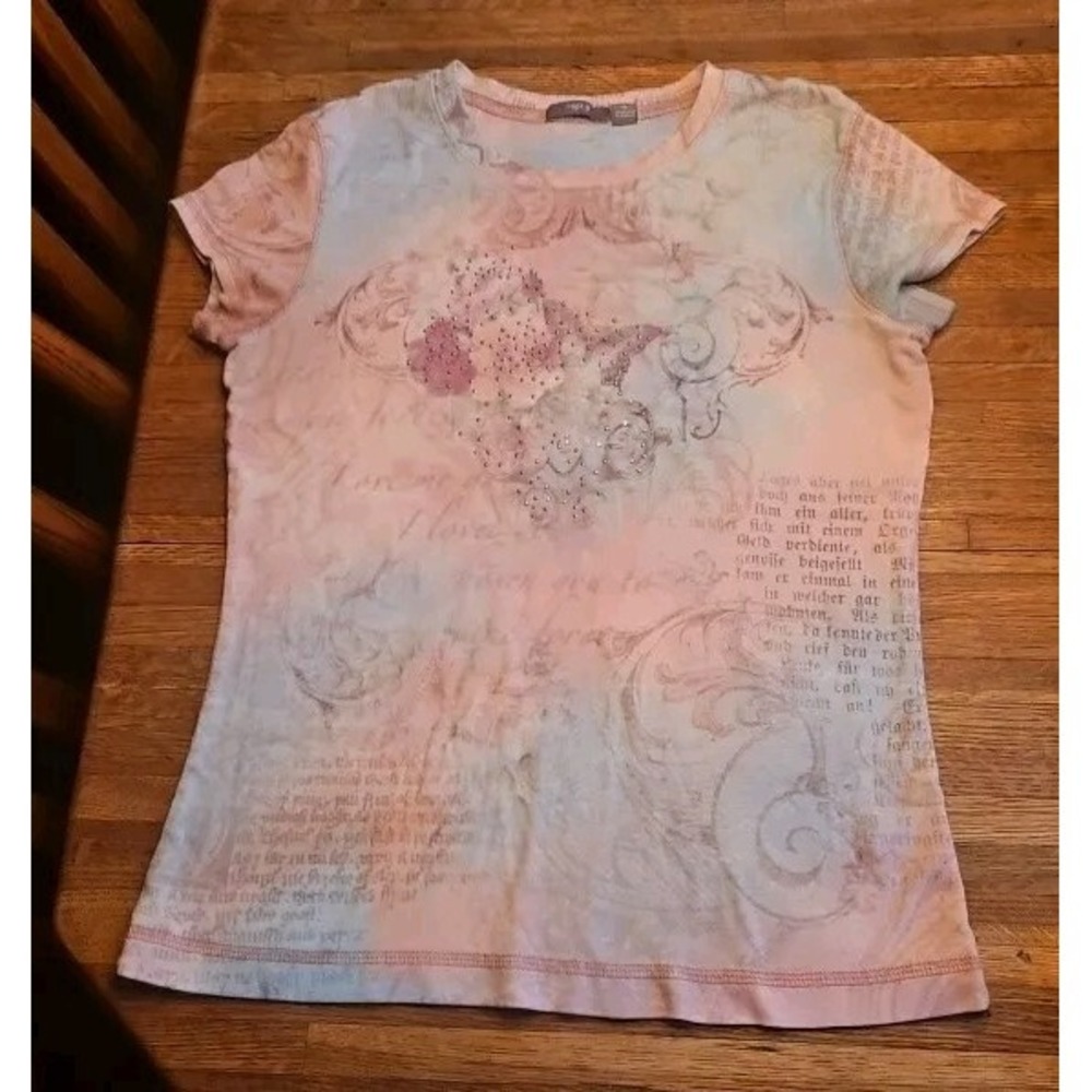 New M 38x23  Apt. 9 Pink & Blue Embellished Butterfly Bling Tattoo Top T Shirt